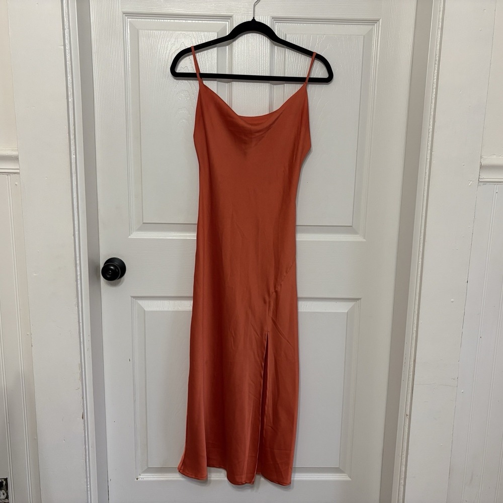 Paper Heart Satin Slip Dress XS Cowl Neck Rust Orange Fall Autumn Side Slit